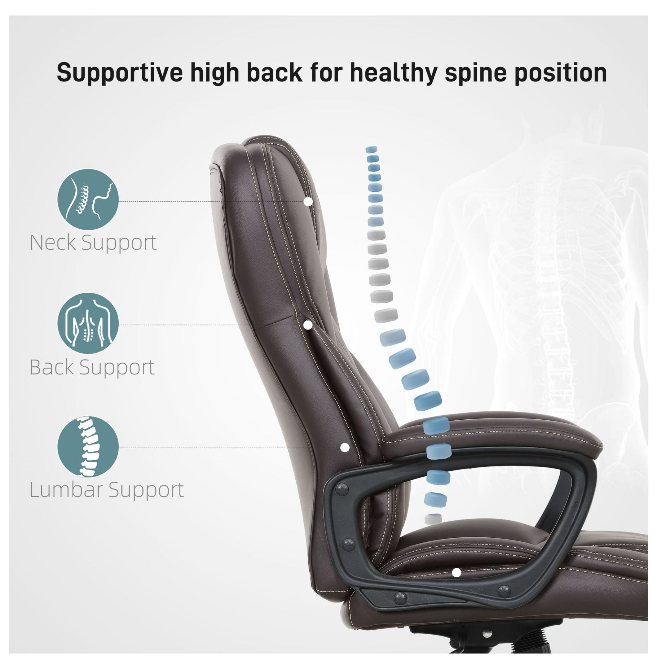 Ergonomic Office Chair, PU Leather Desk Chair Adjustable Height Swivel Executive Chair, High Back Computer Chair for Home Office, Dark Brown