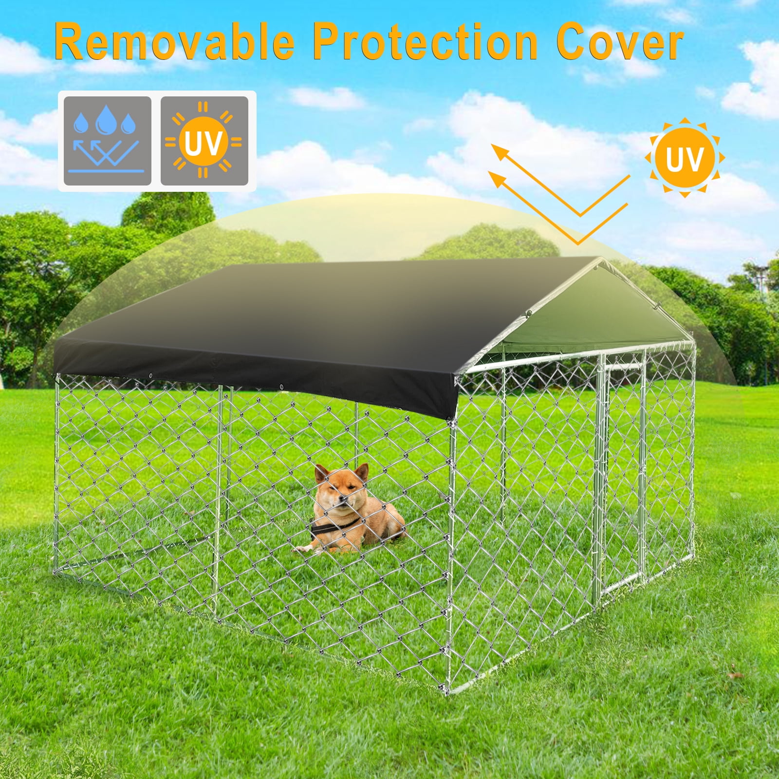 10 x 10 ft ( 118" x 118" x 67" ) Outdoor Dog Kennel Outside Large Heavy Duty Shade Dog Pen Playpen Pet Dog Enclosure Crate Dog Run House with UV & Waterproof Cover