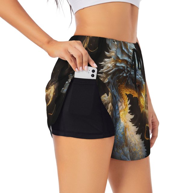 Balery Golden White Fire Dragon Pantalones cortos deportivos para mujer con forro y dos bolsillos, elásticos, para entrenamiento, gimnasio, yoga-XX-Large