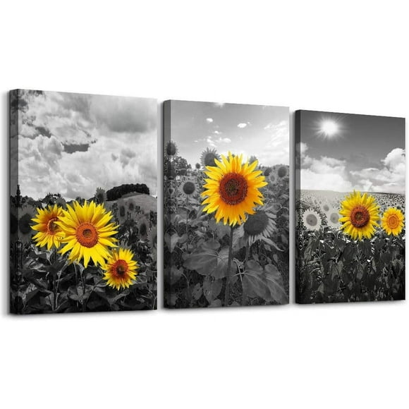 Canvas Wall Art For Living Room Family Wall Decor For Kitchen Black And White Pastoral Scenery Sunflower Flowers Bedroom Wall Painting Art Home Decoration Bathroom Wall Pictures Artwork 16x12 3 Piece