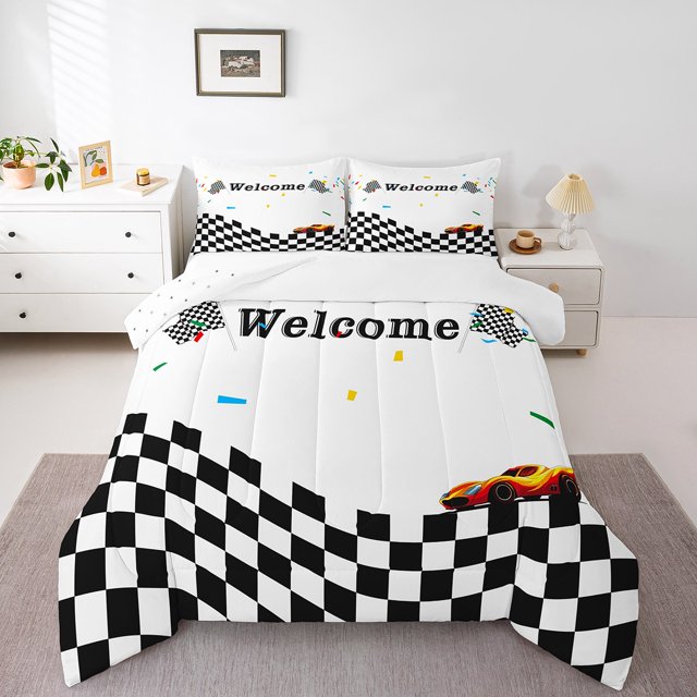 Erosebridal Ensembles de Literie Drapeau de Course Simple avec Couette, Insert de Couette Buffalo Noir et Blanc, Déco de Chambre Voiture de Sport, Réversible 2 Pcs