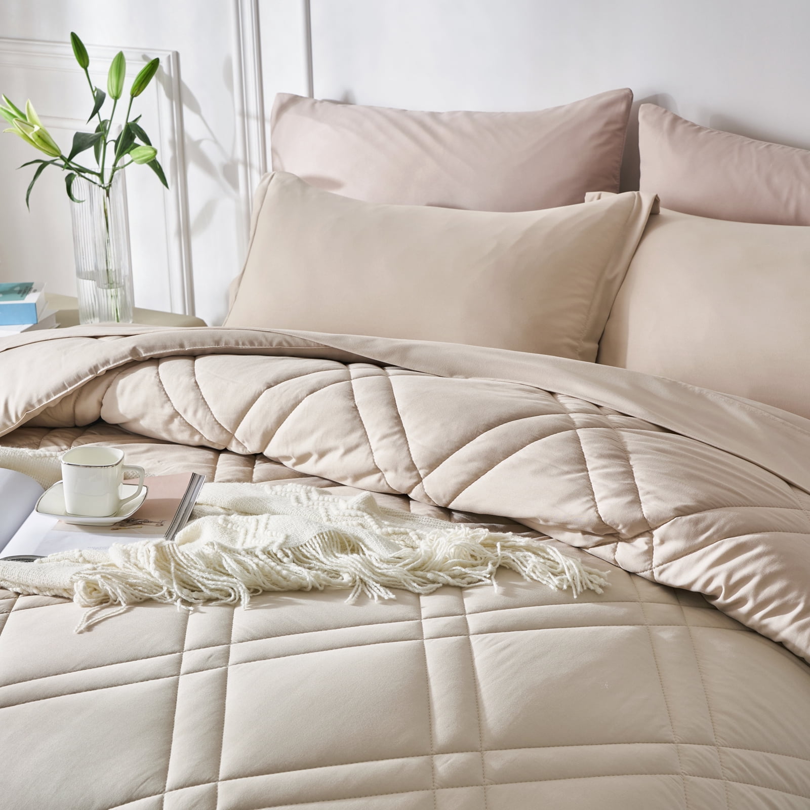 Davulos Comforters Queen Size,7 Pieces Bed in a Bag for All Season Bedding Set Alternative Khaki Comforters Set