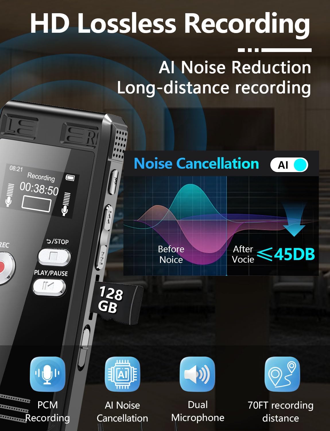 128GB Digital Voice Recorder with Playback, 3072 Kbps HD Voice Activation Recording, Noise Reduction, Lecture Conference Audio Device, A-B Loop, MP3 Player