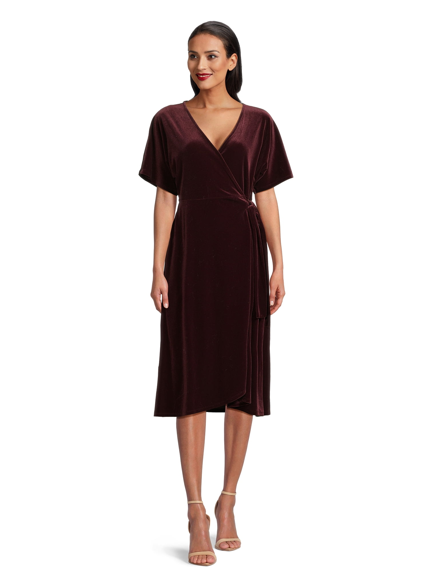 Time and Tru Women's Velvet Wrap Midi Dress with Short Sleeves, Sizes XS-XXXL
