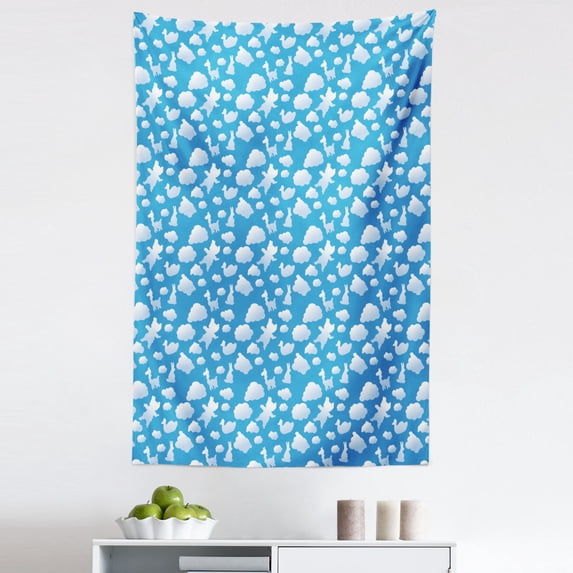 Cloud Tapestry, Abstract Arrangement of Clouds Duck Bear and Rabbit Shapes Theme Cartoon, Fabric Wall Hanging Decor for Bedroom Living Room Dorm, 5 Sizes, Blue and White, by Ambesonne