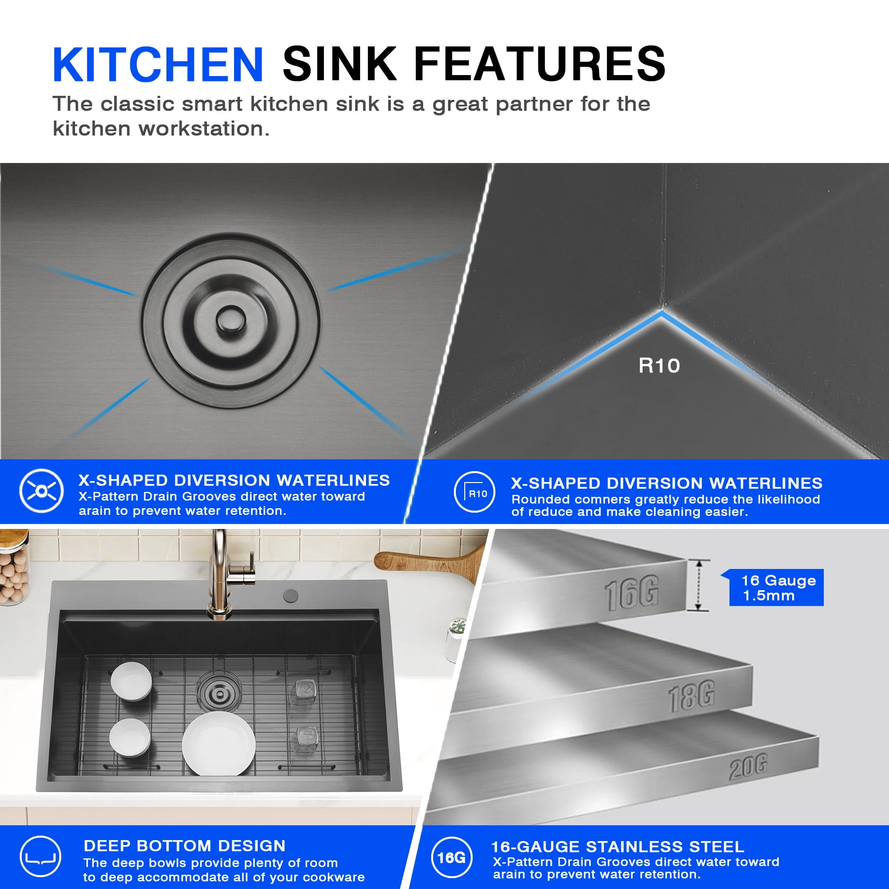 VsusKoos Kitchen 33" Top-Mount Sink, 304 Stainless Steel Deep Basin, 16-Gauge Thickened, Includes Cutting Board/Drain Rack/Colander