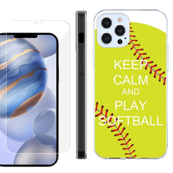 Slim Fit Protective Phone Case for Apple iPhone 12 / iPhone 12 Pro, with Tempered Glass Screen Protector, by OneToughShield ® - Keep Calm Softball