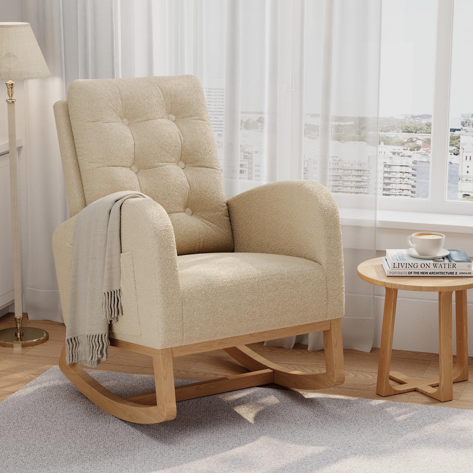 Modern Linen Upholstered Rocking Chair - Glider Chair with Side Pocket for Living Room Bedroom Nursery