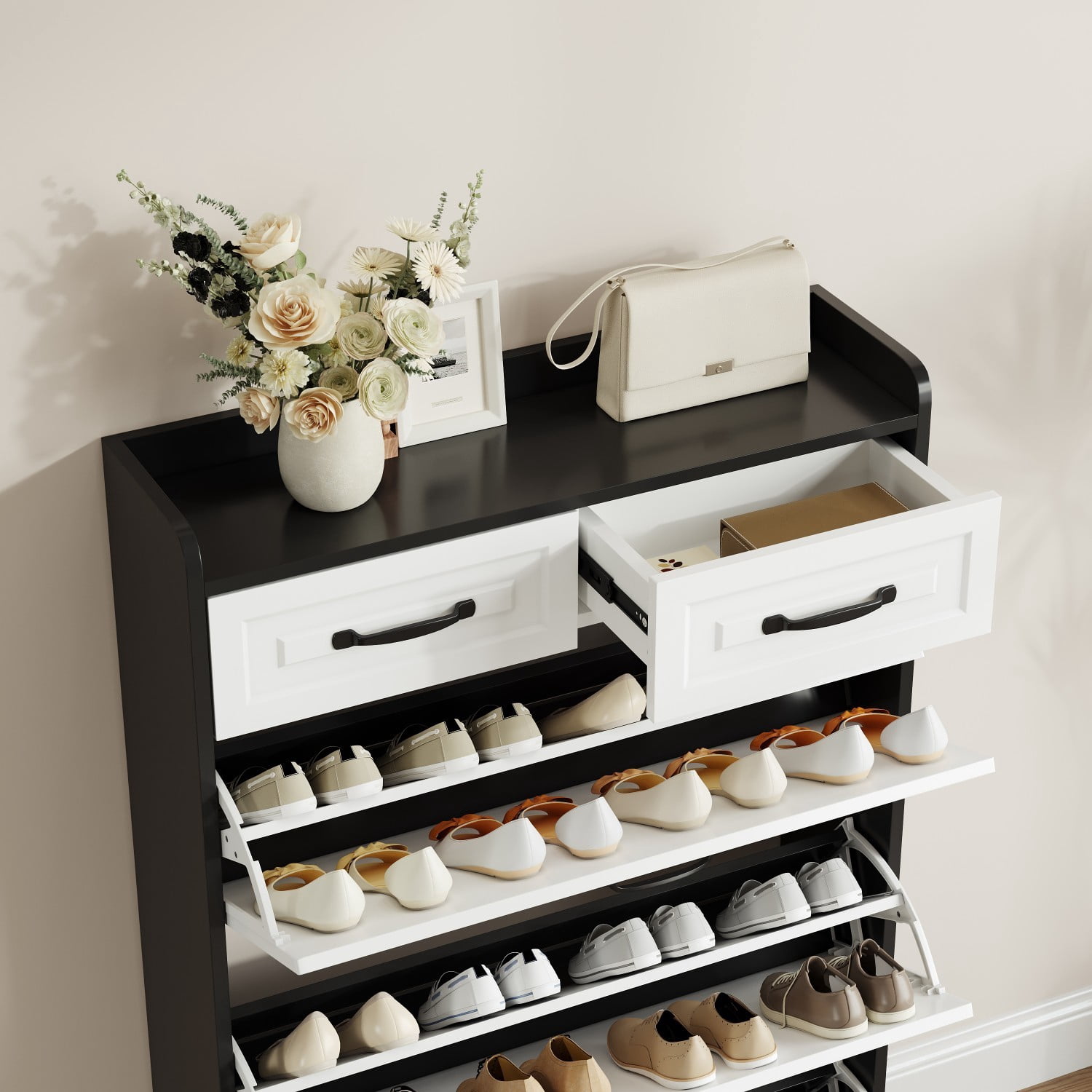 White & Black Shoe Cabinet with 3 Flip Drawers and 2 Storage Drawers, Modern Entryway Shoe Organizer Cabinet