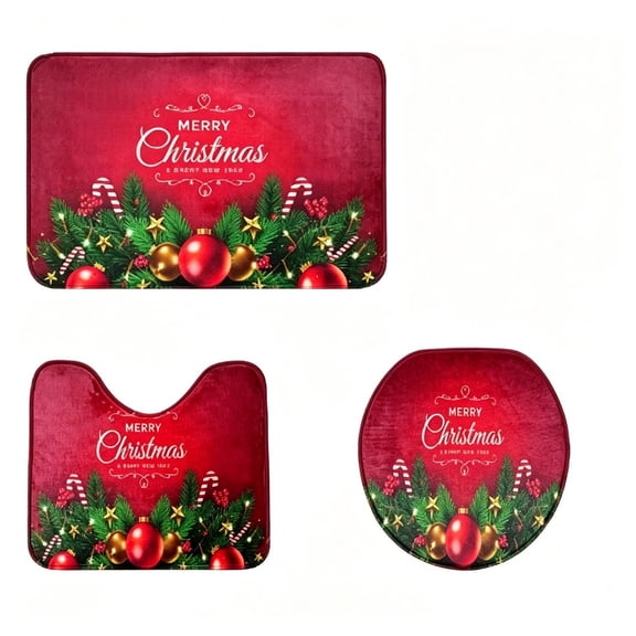 Bathroom Rug Set of 3,Bath Mats, Winter Tree Red Gold Christmas, 3 Pieces Absorbing Stables Washable Cover Floor Rug Decorations for Kitchen Bathroom