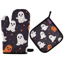 Yayeee Oven Mitts and Pot Holder Set of 4 Heat Resistant Kitchen Gloves Baking Hot Pad, White Halloween Ghosts