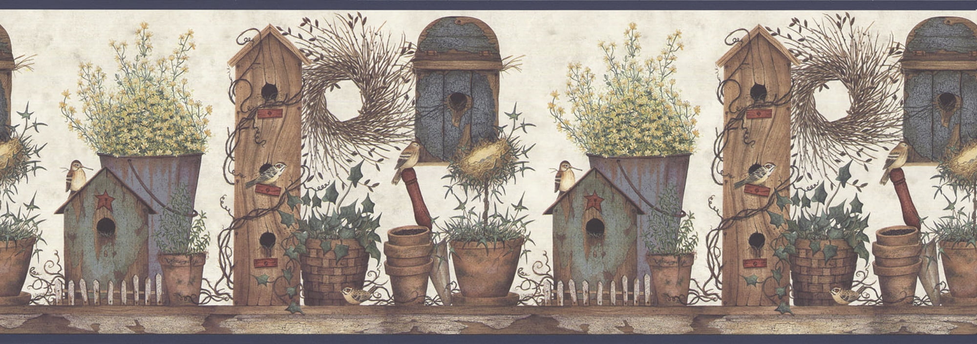 Brewster FFR65441B Neutral Birdhouses White Pottery Bench Border