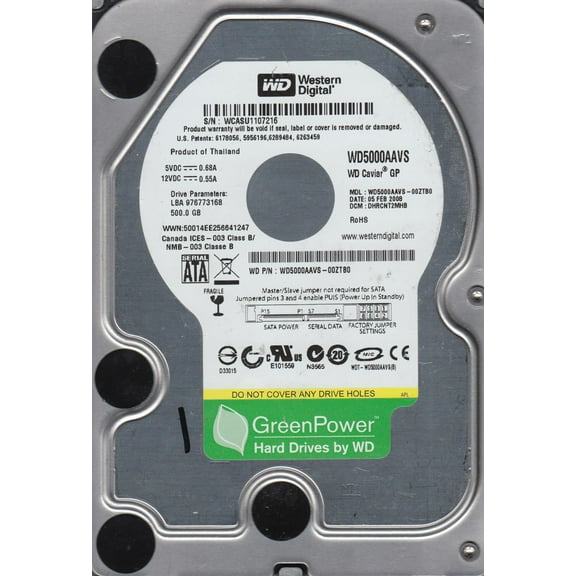 WD5000AAVS-00ZTB0, DCM DHRCNT2MHB, Western Digital 500GB SATA 3.5 Hard Drive