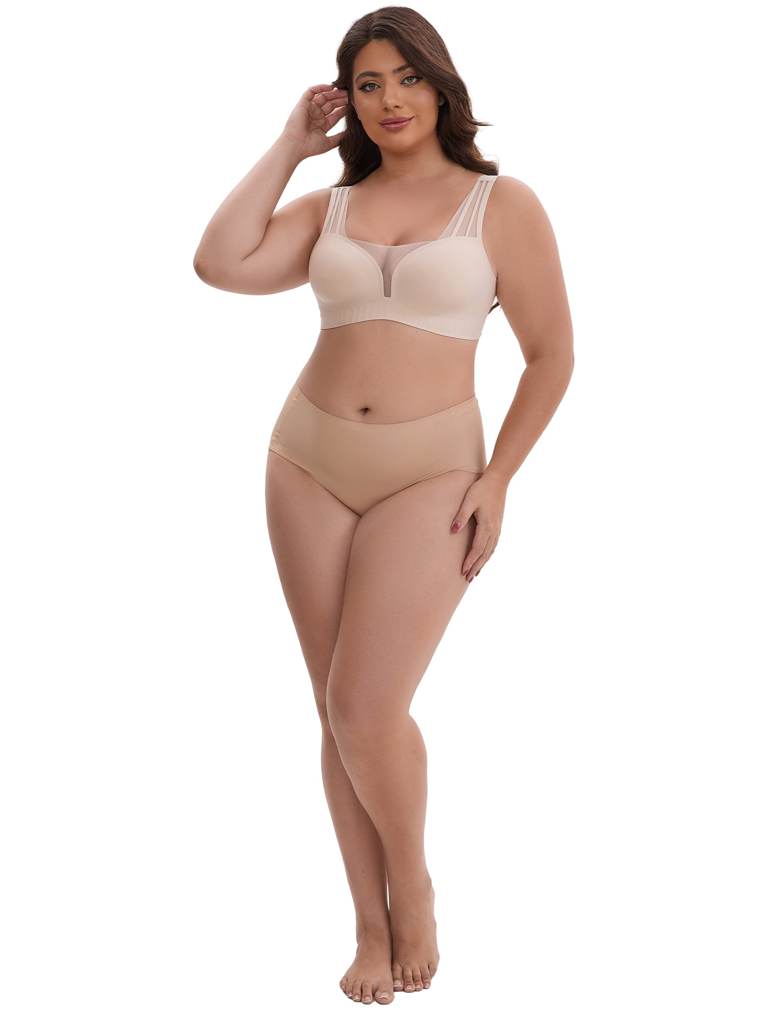 DARING DIVA Mesh Wireless Push Up Wide Straps V-Neck Lightweight Bra XL Beige
