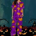 thumbnail image 3 of Tnhcen Women's Halloween Pajama Set 2-Piece Pumpkin Print Button Up Shirt Elastic Waist Pants Comfortable Sleepwear S-3XL Multiple Colors Available Purple, 3 of 5