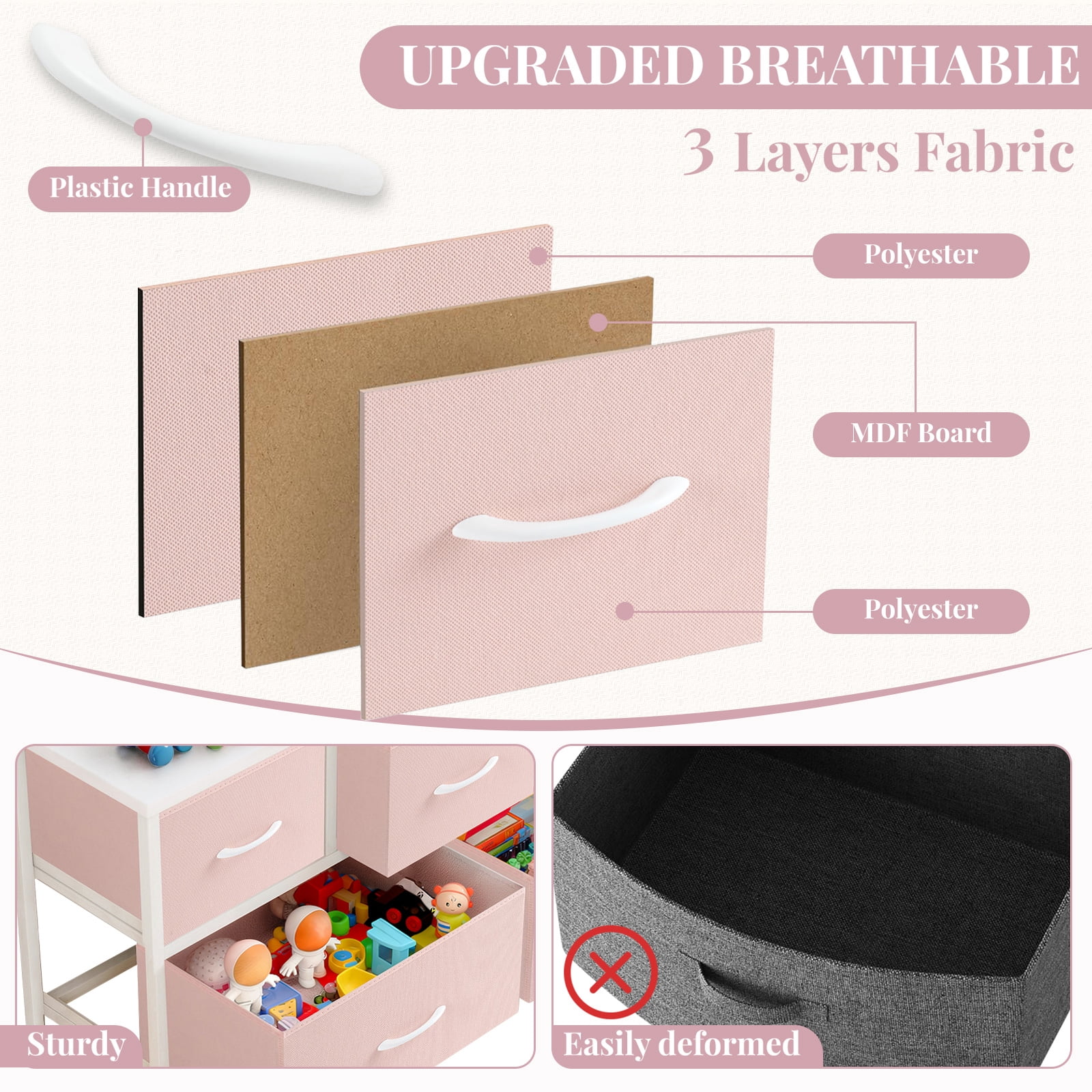 Dresser, Betcozy Storage Organizer with 5 Drawers for Bedroom, Chest of Drawers with Fabric Bins, Sturdy Metal Frame, Wood Tabletop, Pink