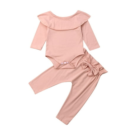 

Arvbitana Newborn Baby Girls Solid Color Romper Set Long Sleeve Off Shoulder Jumpsuit Top + Bow Pants Spring Tracksuit Outfits Clothes 2Pcs 0-24M