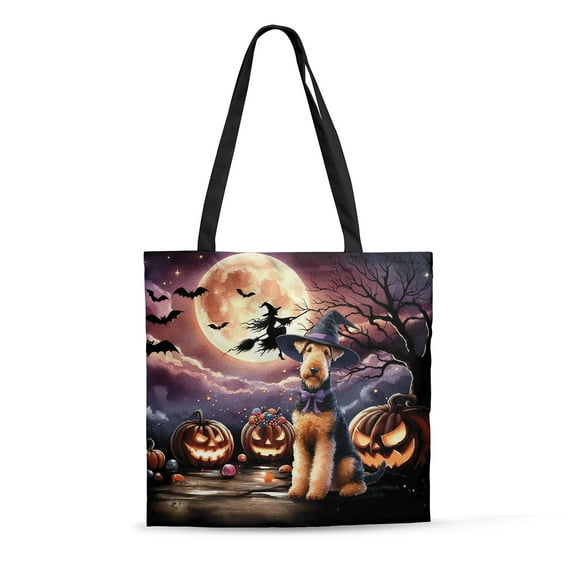 Spooky Halloween Night Witch Airedale Terrier Glowing Pumpkins All Over Print 3D Canvas Tote Bag Dale Waterside Dog Lover Reusable Handbag - 12015