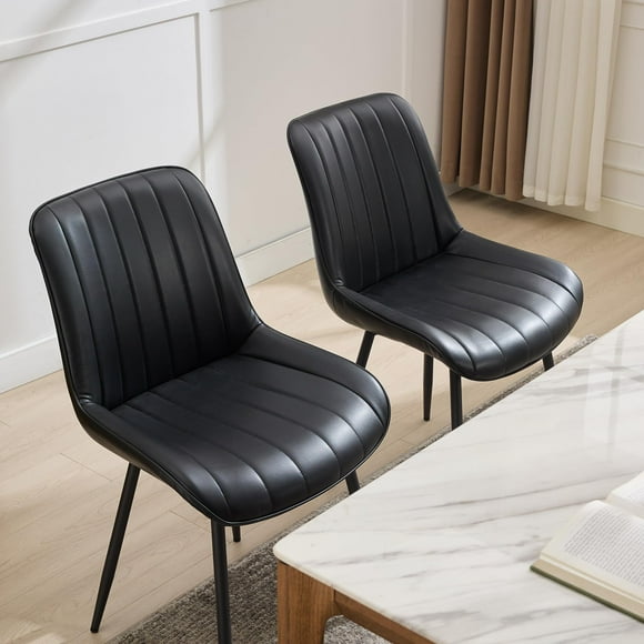 QinaQin Two Black Faux Leather Dining Chairs for Kitchens and Dining Rooms, Comfortable Mid-Century Modern Style Chairs with Metal Legs