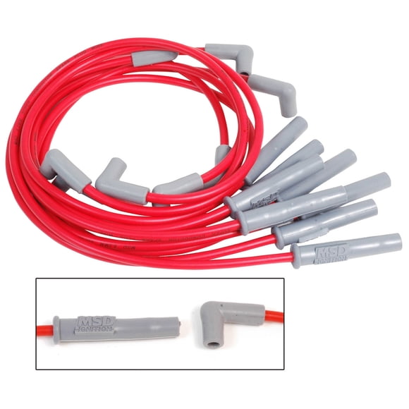 MSD Ignition Spark Plug Wire Set 31329 Super Conductor; Pre Assembled; Red; 8-1/2 Millimeter; Silicone and Synthetic; Straight Spark Plug Boots; 90 Degree Distributor Boots With HEI Style Terminals