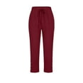 thumbnail image 3 of FRSASU Capris Pants for Women Cotton Linen Casual Summer Straight Wide Leg Loose Drawstring Elastic Waist Cropped Trouser Wine, 3 of 4