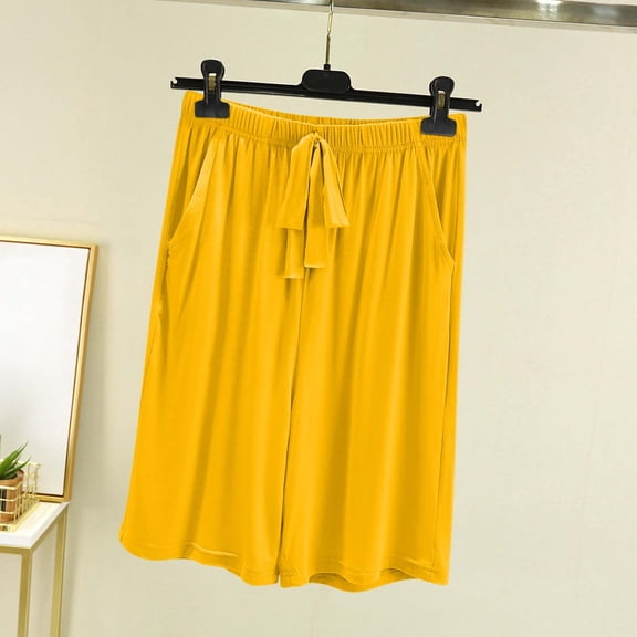 LAJPXKHY Womens Pajamas Shorts Summer Knee Length Elastic Drawstring Waist Wide Leg Lightweight Comfy Sleepwear Shorts with Pockets