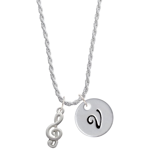 Delight Jewelry Silvertone Clef Silvertone Script Initial Disc - V - Charm Necklace, 20"+3"
