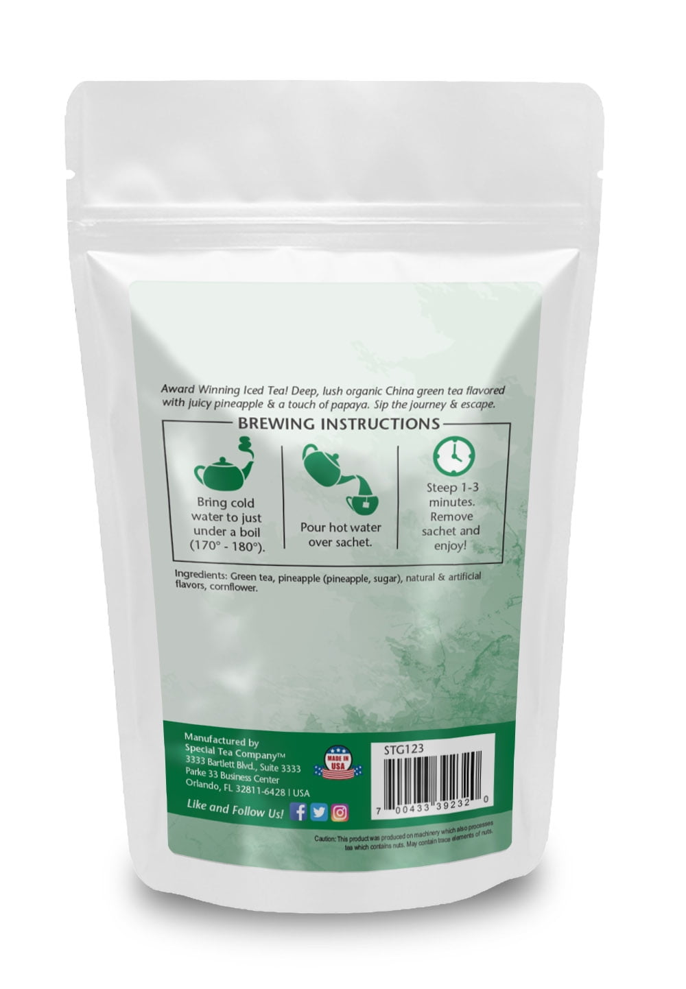 Special Tea Fiji Organic Green Tea, Pineapple & Papaya, 15 Pyramid Sachets