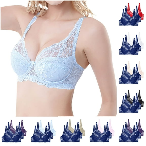 3PCS Women's Bras Underwire Push up Plus Size Solid Color Lightweight Supportive Bras Gathered Bra Lace Seamless Beautiful Bra Red 80C