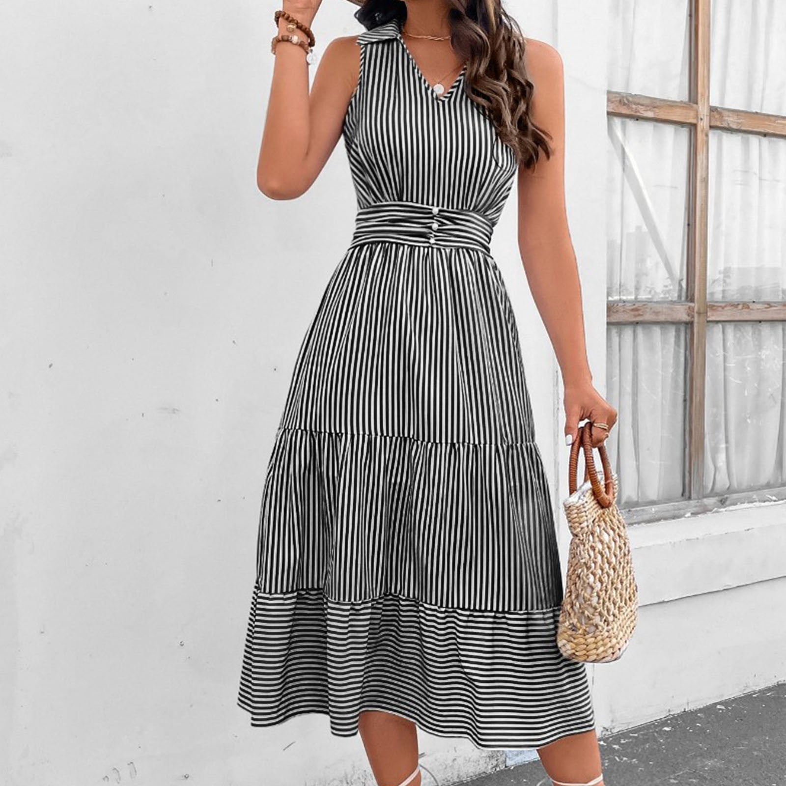 Henpk Summer Dresses for Women Striped T Shirt Dress Casual Midi Dress  Short Sleeve Sundress with Pockets Summer Fashion Striped V-Neck Striped  Waist Sexy Sling Dress Black XL - Walmart.com