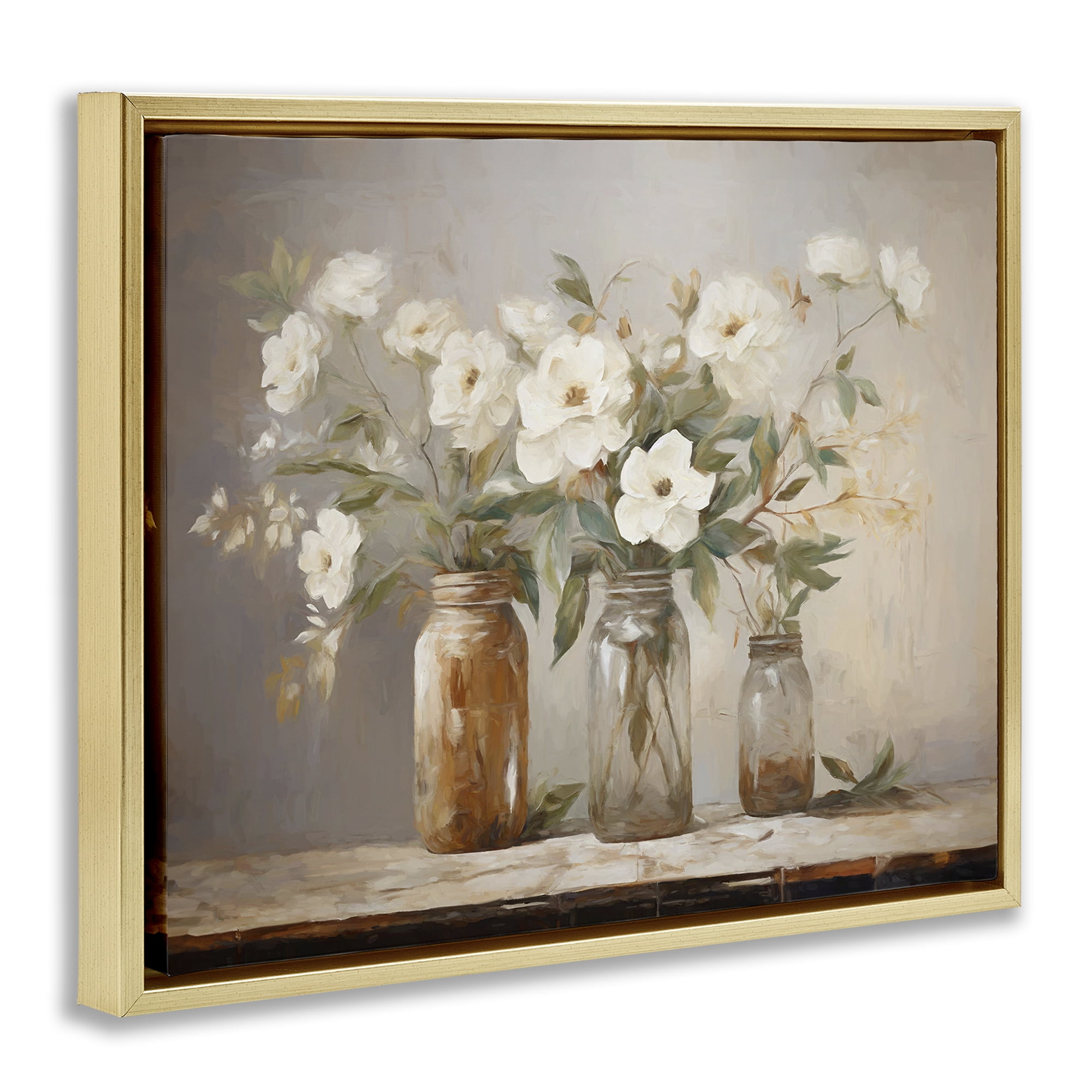 Stupell Industries Country Magnolia Jars Botanical & Floral Painting Gold Floater Framed Art Print Wall Art, 31 x 25