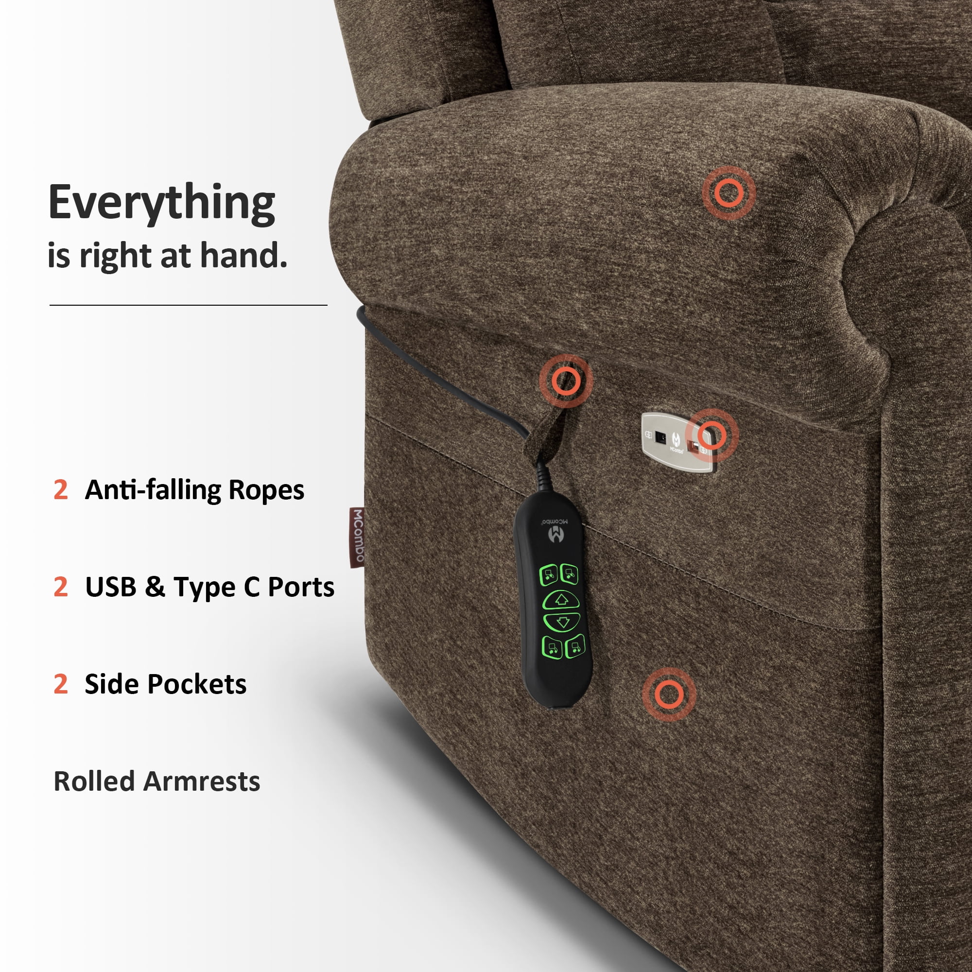 MCombo Dual Motor Power Lift Recliner Chair with Massage and Dual Heating for Senior, Fabric 7888 (Coffee, Medium)