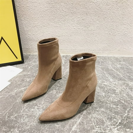

Women‘s Chunky Heeled Ankle Boots Pointed Toe Solid Color Slip-on Short Boots Women‘s Comfy Footwear