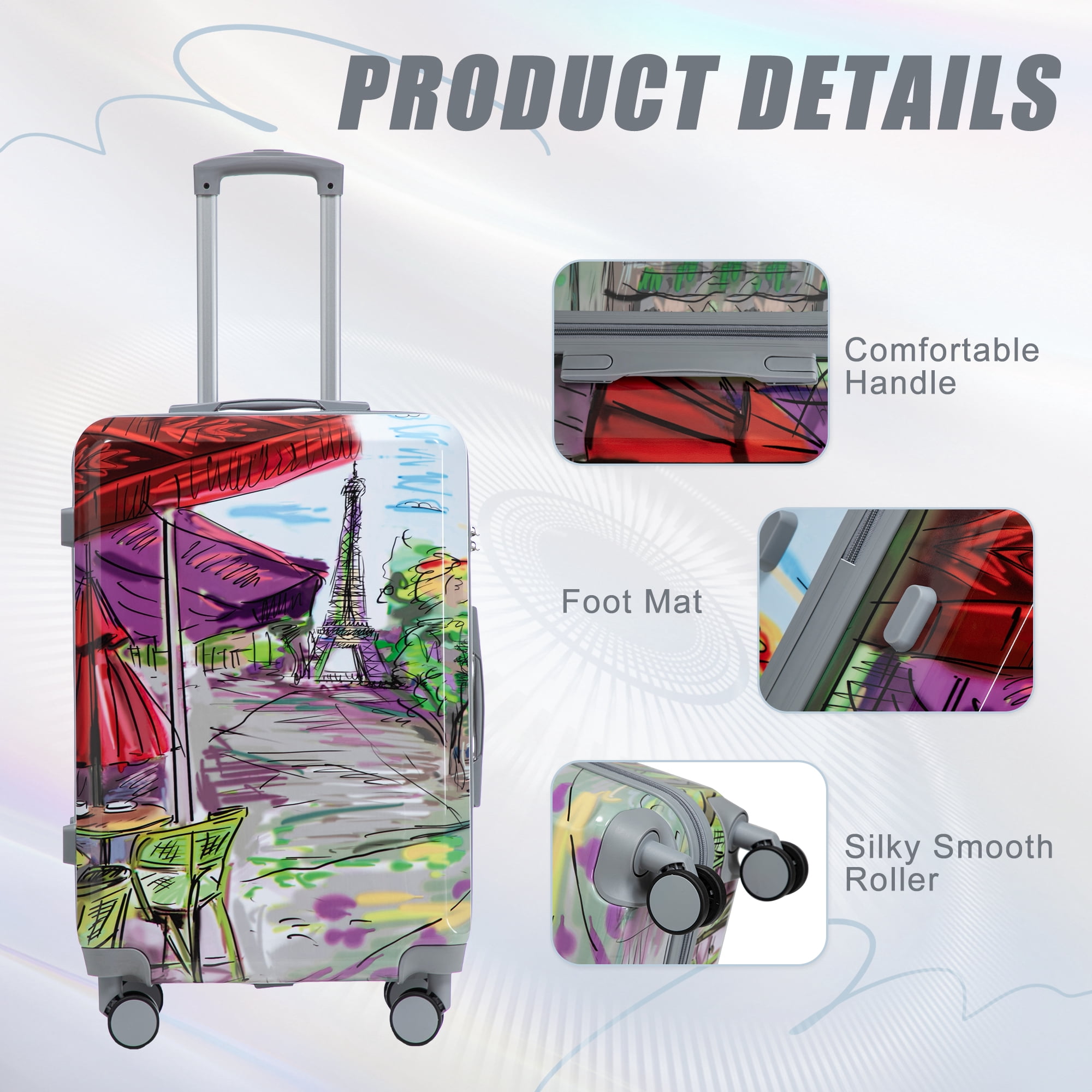 Alvantor 3 Piece Luggage Sets, Hardside Lightweight Suitcase with Combination Lock and Tower Printed, 20/24/28 Inch