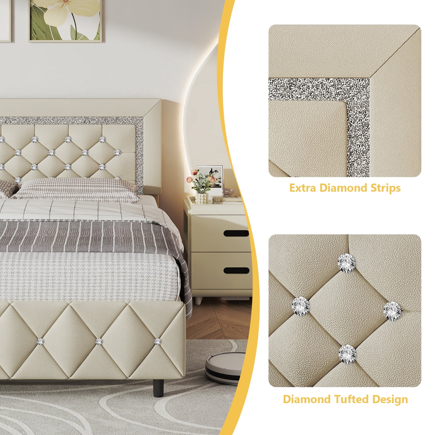 4 EVER WINNER Full Bed Frame, Upholstered Platform Bed Frame with Headboard and Footboard, Diamond Headboard and Footboard Design, Beige