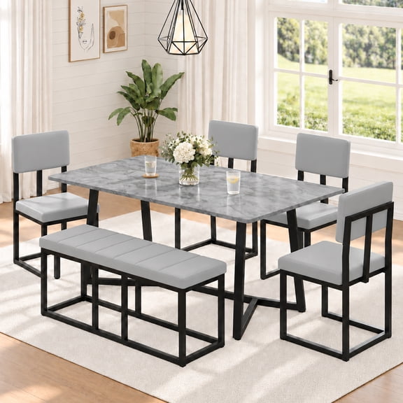 Paproos 6-Piece Dining Set, Modern Dining Table Set with Bench for 6, Rectangular Kitchen 6 Seater Table and Chairs Set, Space-Saving for Apartment & Family, Gray