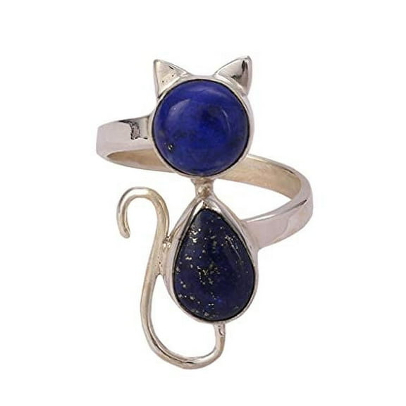 Lapis Lazuli 925 Sterling Silver Handmade Women Statement Cat Ring Size 9.0