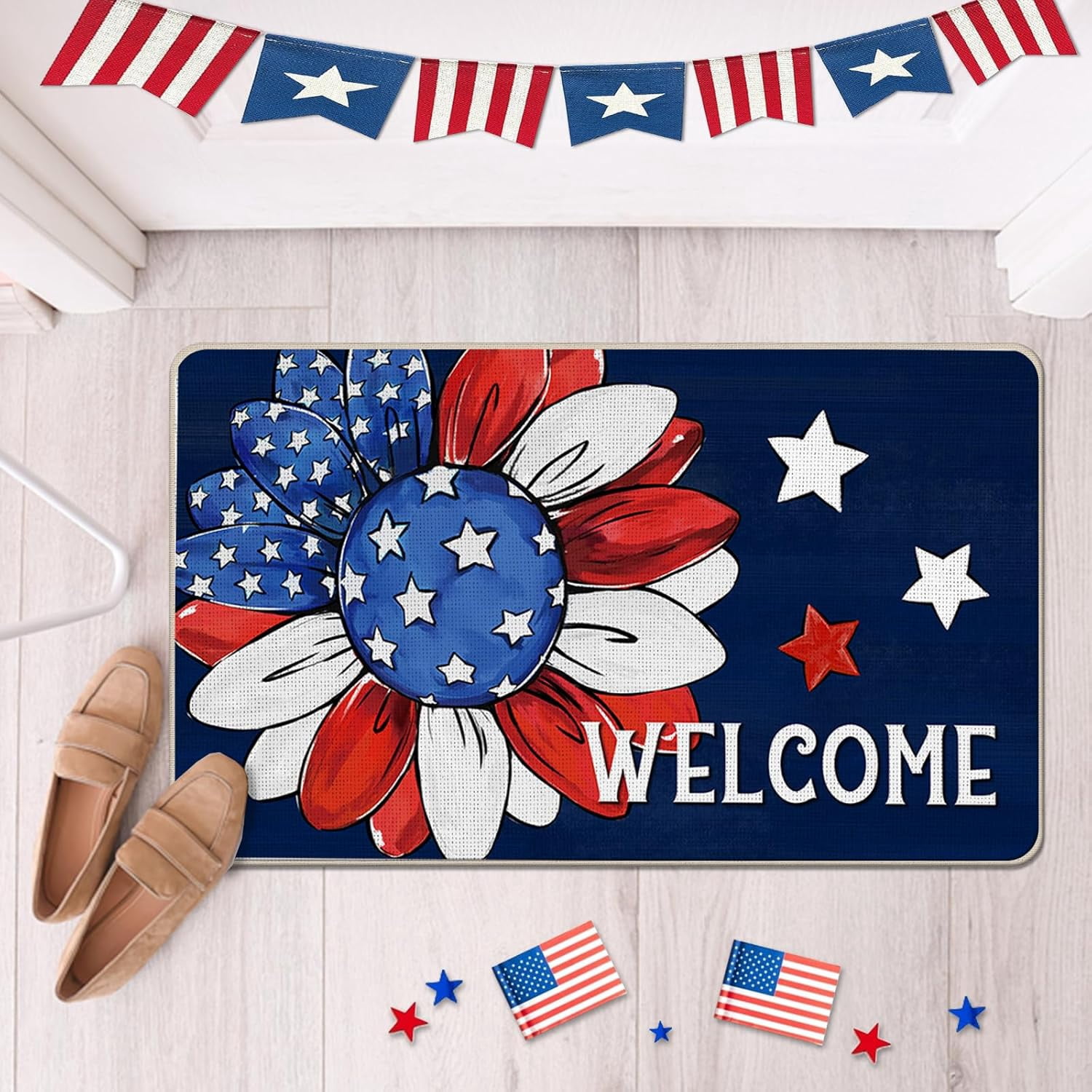 Welcome 4th of July Sunflower Patriotic Decorative Front Door Mat, America Floral Flower Doormat Indoor Outdoor Non-Slip Floor Entryway Rug, USA Stars Blue Home Kitchen Decoration 17x29 Inch