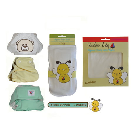 3 Hemp/Organic One Size Pocket Diapers, 4 Hemp/Organic Cloth Diaper & Potty Training Inserts 