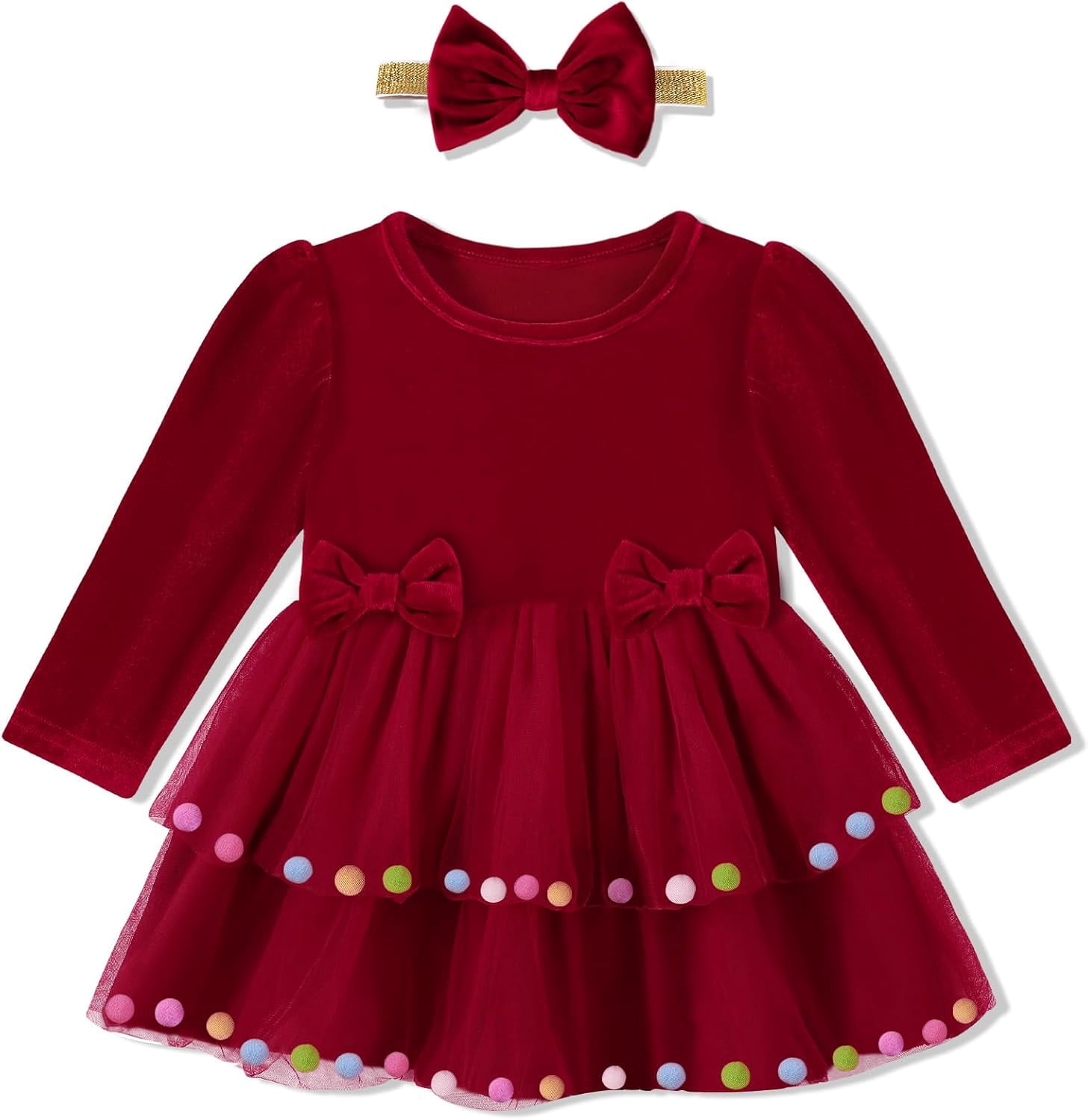 SANMIO Baby Girl Christmas Dress Infant Long Sleeve Holiday Outfit Fall Winter Tulle Velvet Dresses with Headband 3M-3T