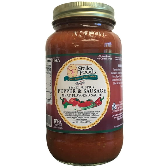 Stello Foods - Rosie's Sweet and Spicy Pepper and Sausage Meat Flavored Sauce 26oz, Gluten Free, No Corn Syrup, Low Fat, Low Cholesterol, Vegan, Vegetarian