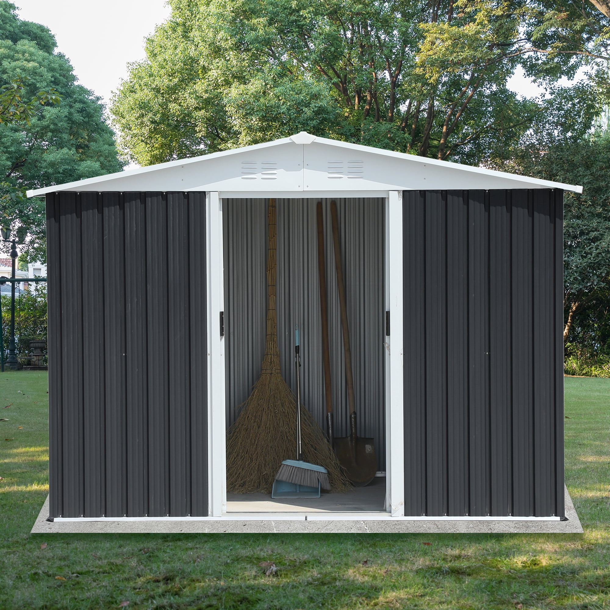 Outdoor Storage Shed 8x6 Feet Apex Roof Dark Grey Aluminum Alloy Frame Garden Shed With Sliding Door,Small Storage Shed