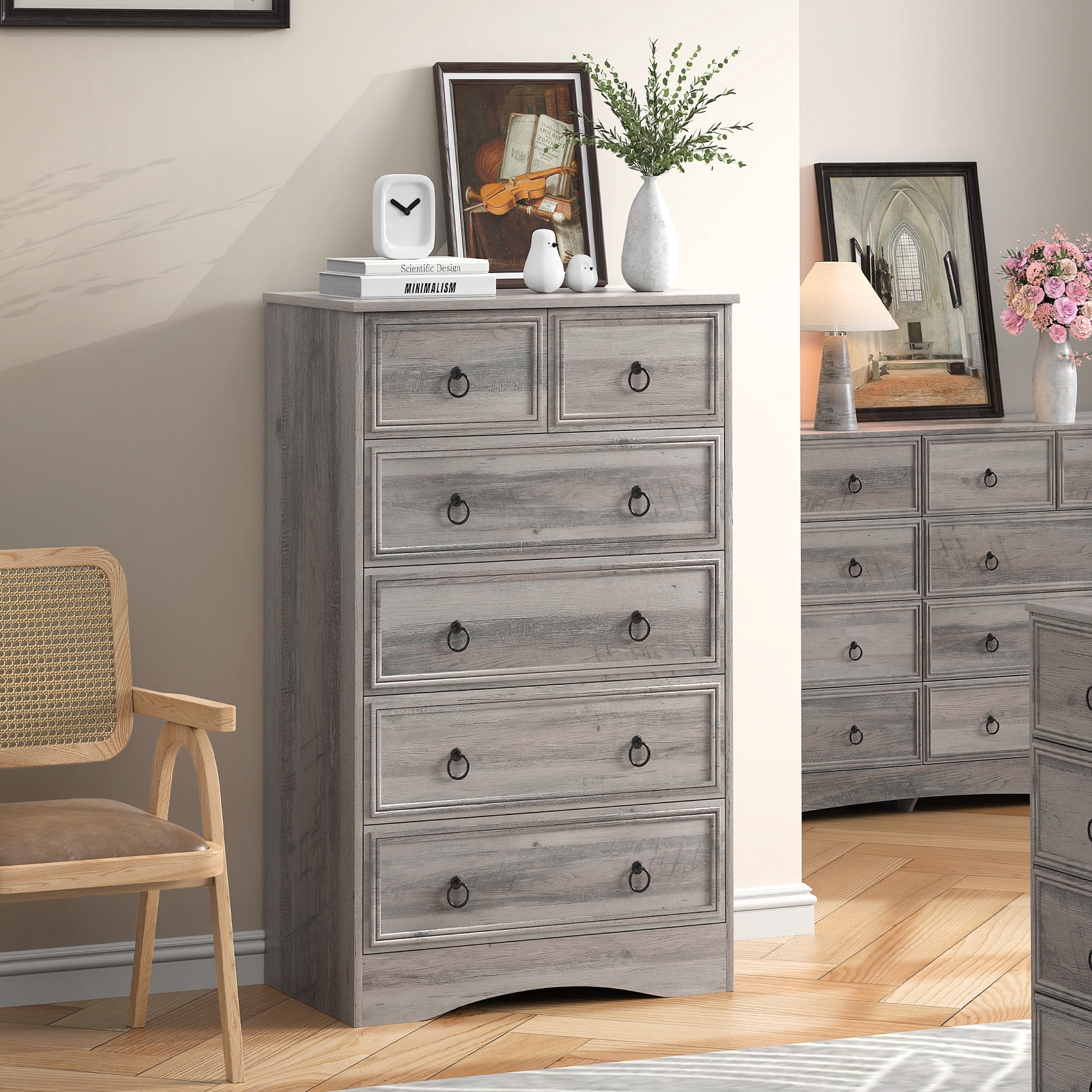 Frmobepts 6 Drawer Dresser, Tall Wood Chest of Drawers Dressers for Bedroom, Living Room, Gray