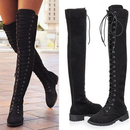 

Foraging dimple Women s Lace-Up Knee Bare Boots Flat Round Toe Shoes Casual Long Tube Booties Black