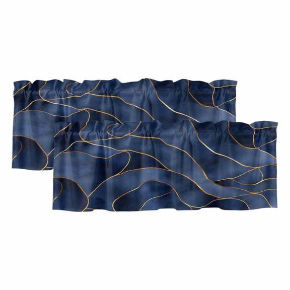 Navy Blue Marble Valances for Windows, Modern Golden Geometric Abstract Light Filtering Kitchen Curtains, Rod Pocket Window Valance Curtains for Living Room Bedroom, 54" W x 18" L, 2 Panels