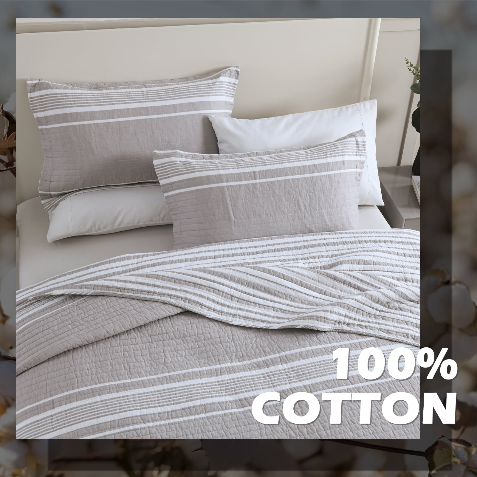 Y-PLWOMEN 100% Cotton Quilt Queen Size - Gray Quilt White Striped Lightweight Quilted Bedspread, Queen Comforter Set, Soft Bed Spread for Queen Bed with Pillow Shams