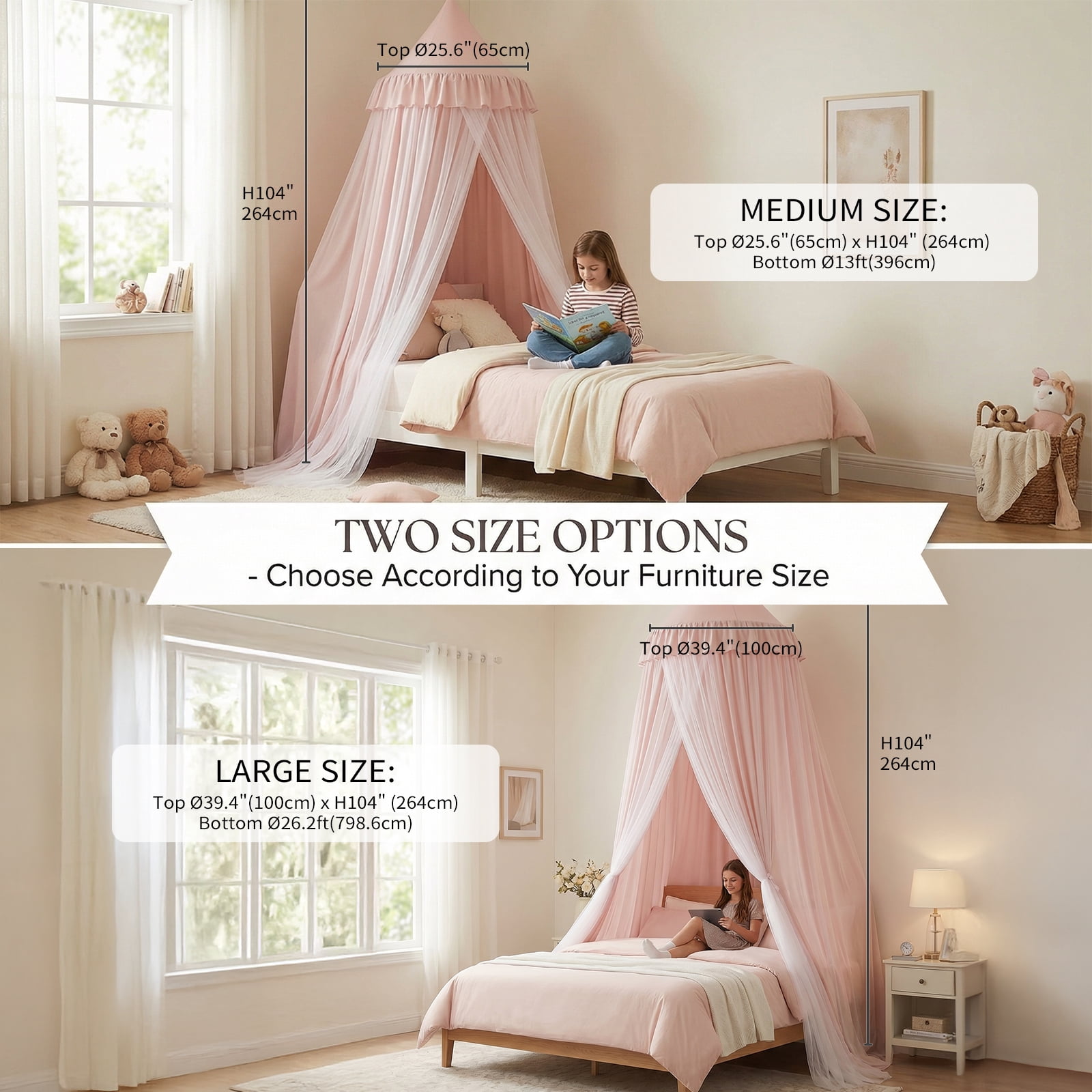 Bed Canopy with Star Night Light, Double Layer Dustproof & Breathable, Kids Reading Nook Bed Tent, Machine Washable, Available in , Pink