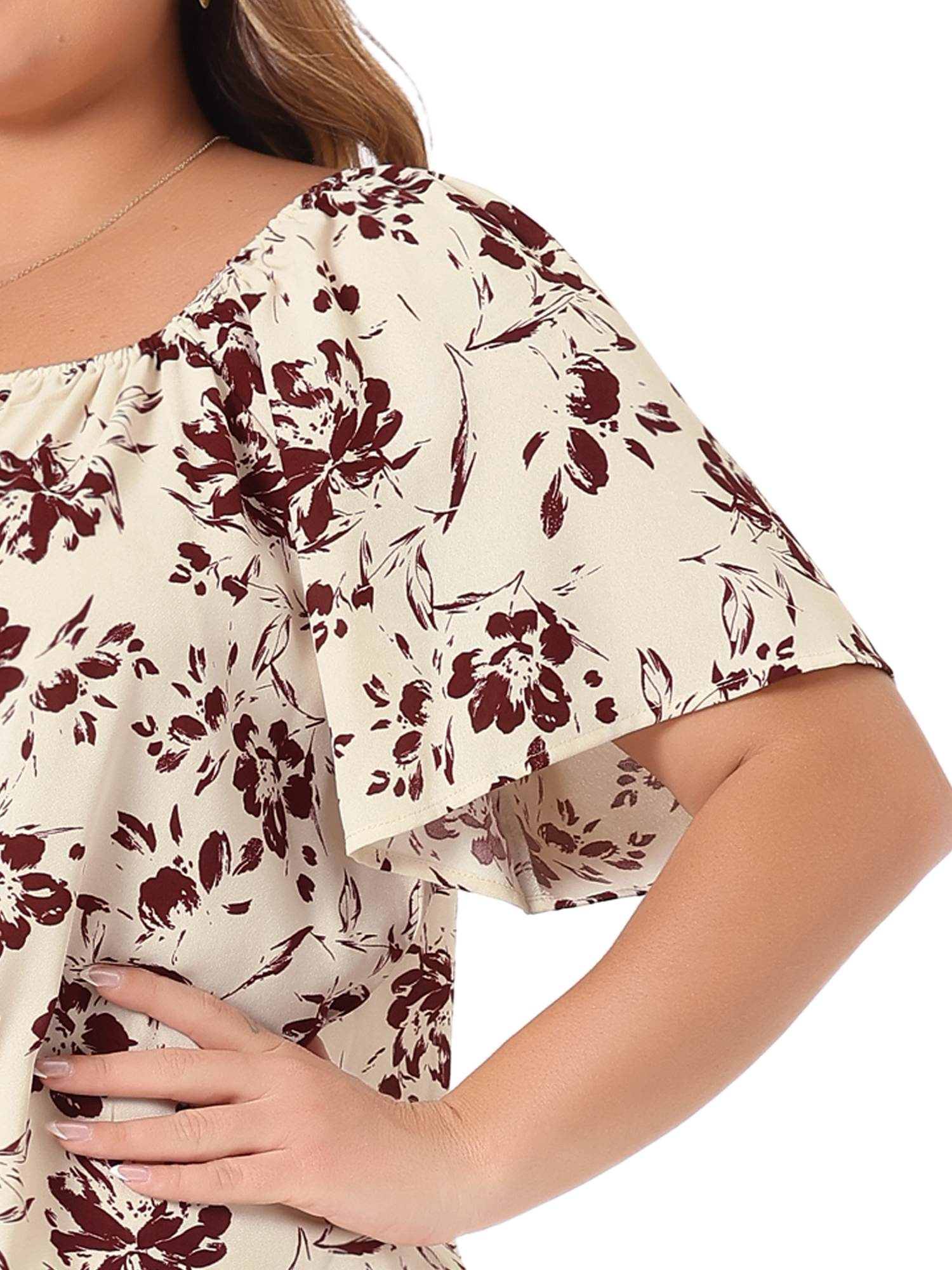 DARING DIVA Women's Plus Floral Off Shoulder Tassel Hem Top 4X Apricot