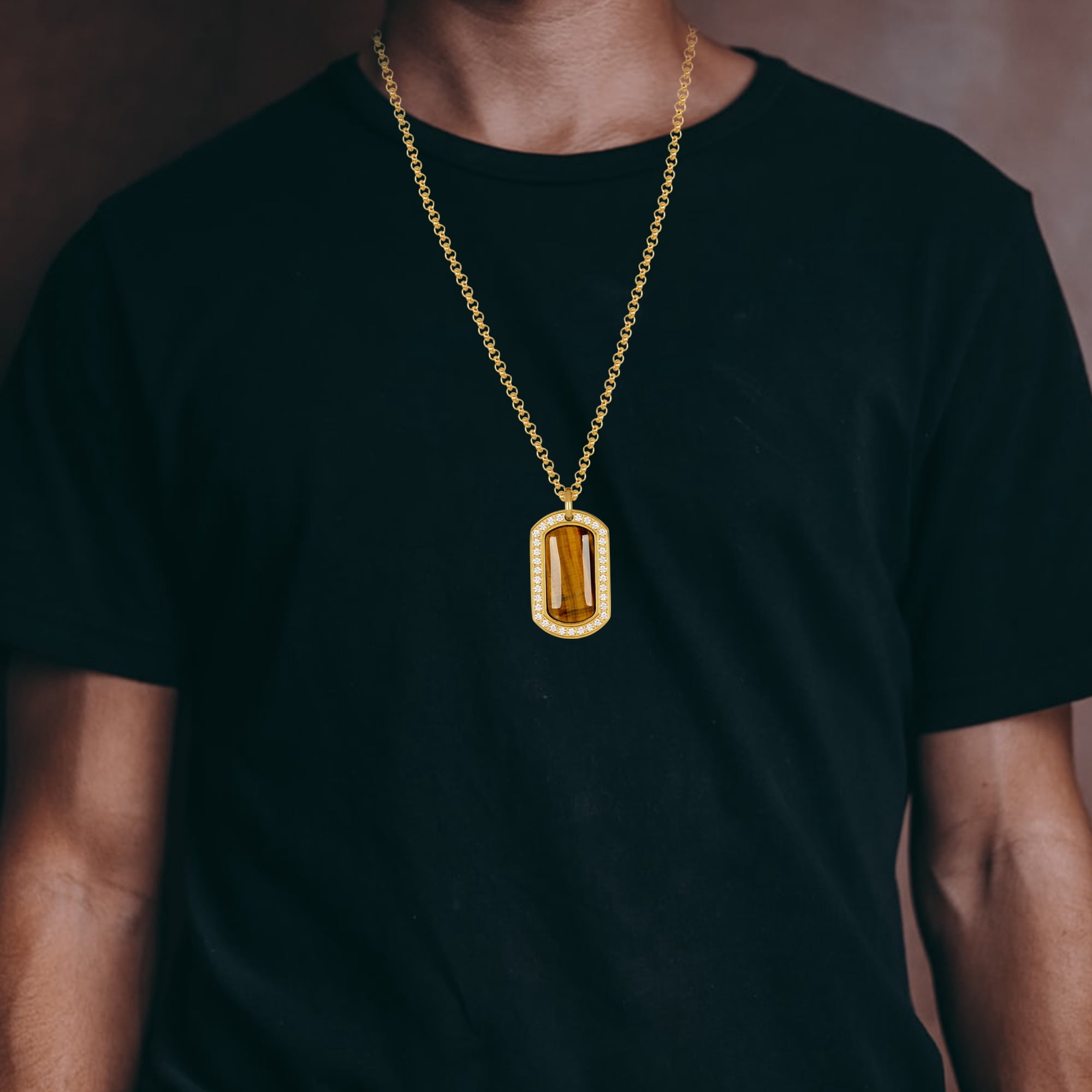 Arista Cubic Zirconia Diamonds And Tiger Eye Dog Tag Men's Pendant in Gold Plated Stainless Steel , 24"