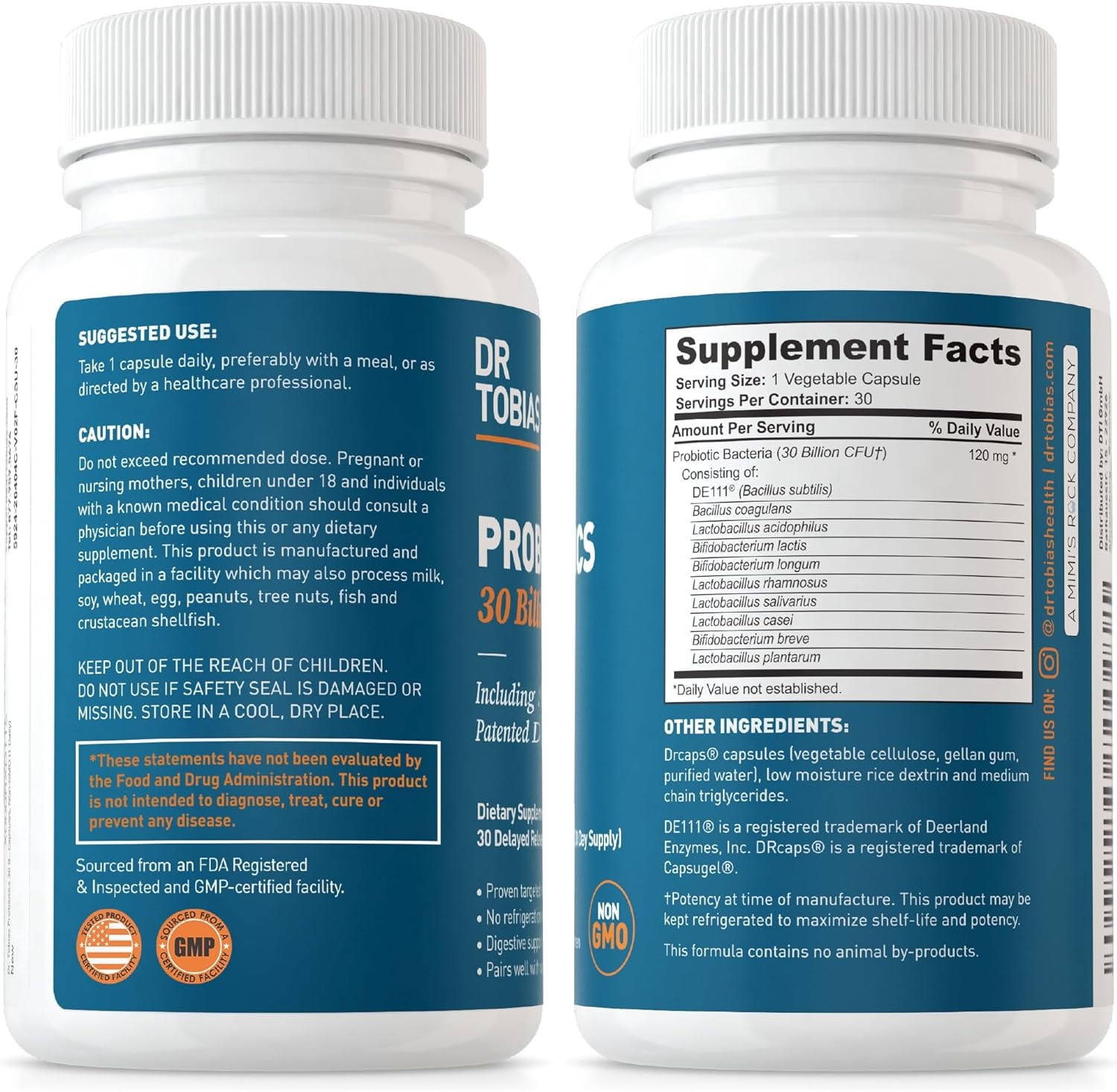 Dr. Tobias Probiotics 30 Billion, 10 Strains, 30 Billion CFU's, Targeted Release Probiotics for Women & Men, Supports Digestive Health, Shelf-Stable, Non-GMO, 60 Capsules, 60 Servings